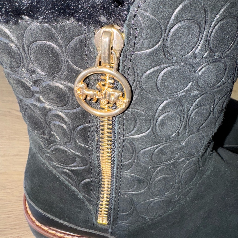 Coach Isa Jacquard Logo Fur Lined Suede Women’s Black Boots- Size 7.5 - Picture 5 of 14